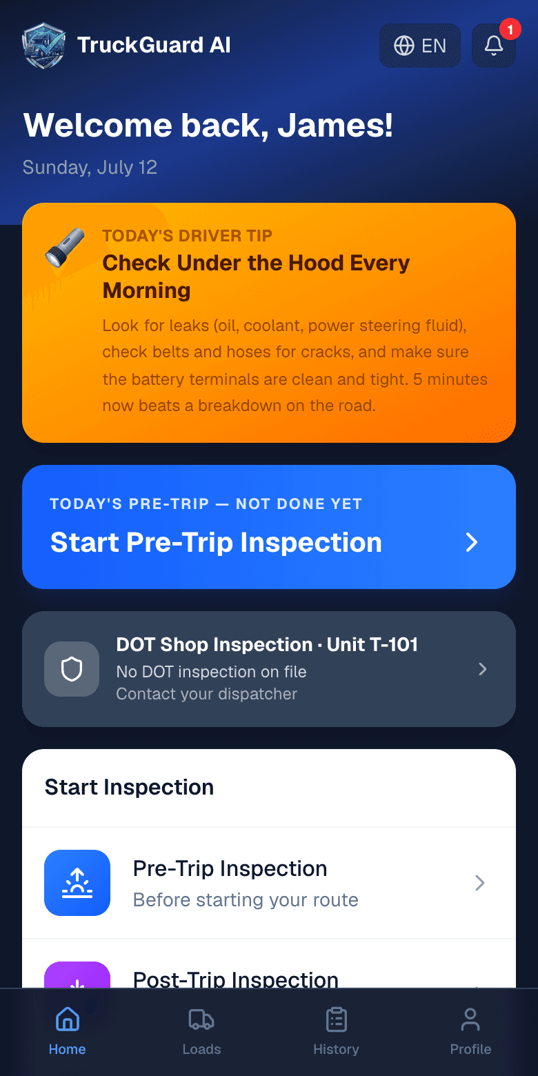TruckGuard driver mobile app with pre-trip and post-trip inspections