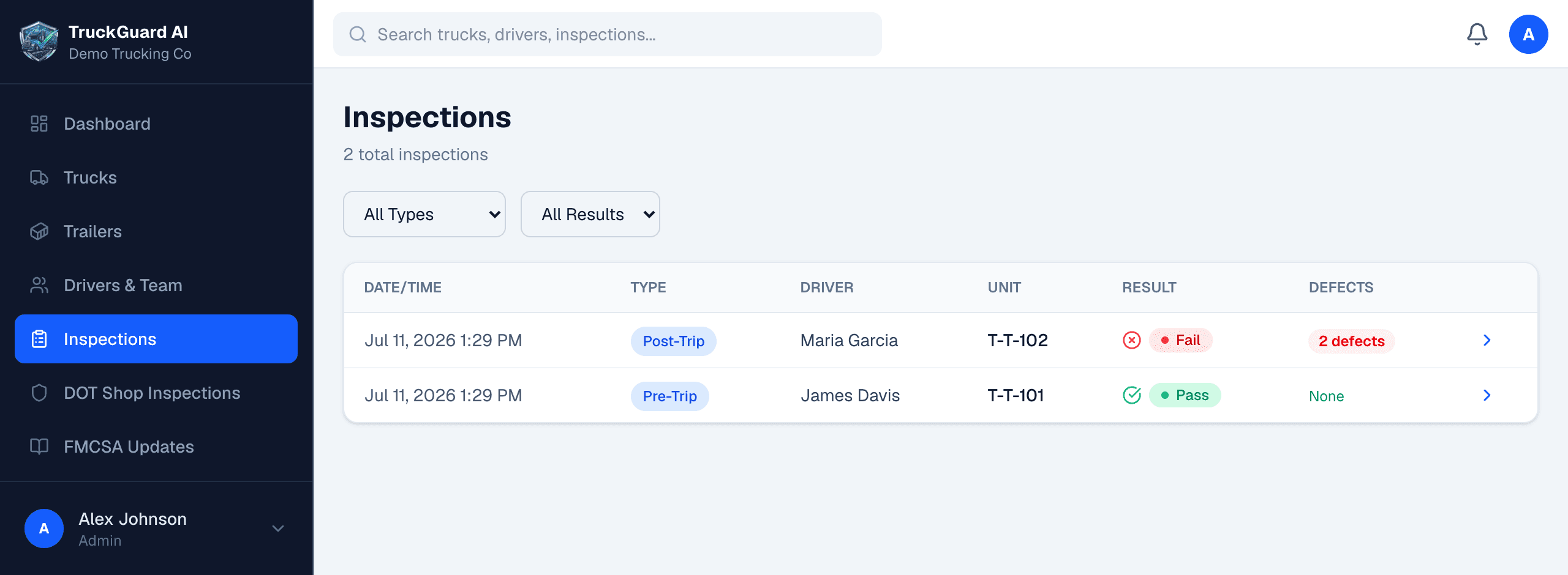 Inspection log with pass and fail results and AI-detected defects per driver and truck